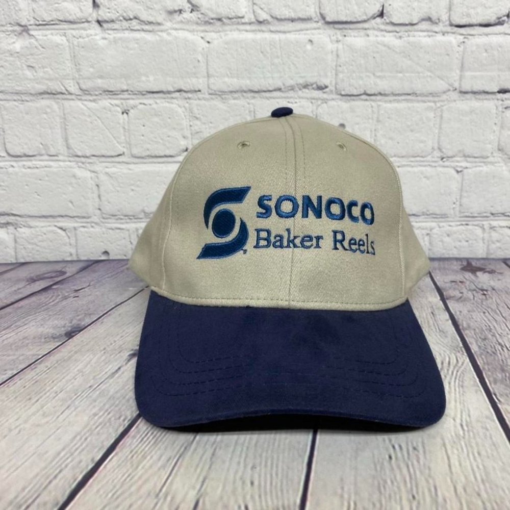 Vintage SONOCO Baker Reels Baseball Hat Cap Adjustable Strap Embroidered Logo